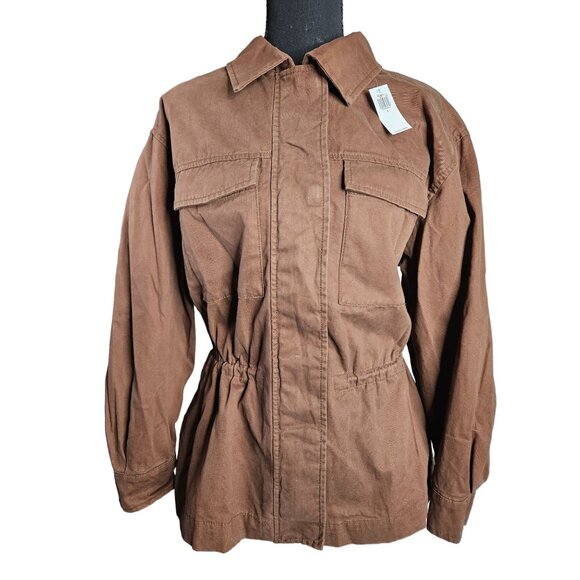 Old Navy Womens Brown Cotton Utility Cinched Waist Jacket S Zip & Snap Closure - Picture 1 of 12